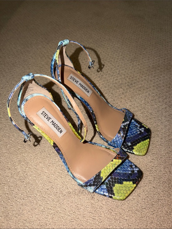 Steve Madden Shoes - Steve Madden Blue and Yellow Snake-Print Ankle Strap Heels